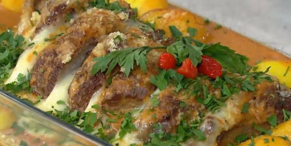 Carne ao Molho de Laranja e Parmesão Gratinado