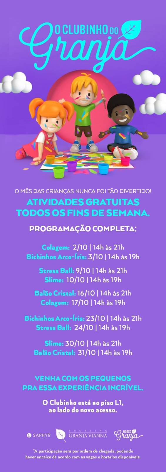 SHOPPING GRANJA VIANNA OFERECE OFICINAS COM BRINCADEIRAS INTERATIVAS E INÉDITAS NO CLUBINHO DO GRANJA DE