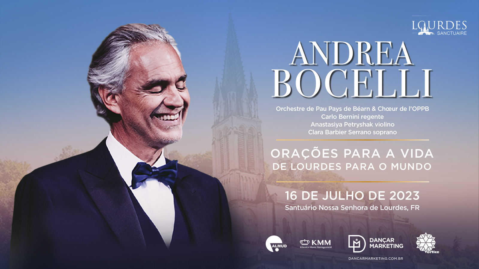 Andrea Bocelli faz concerto gratuito no Santuário de Nossa Senhora de Lourdes, na França, em julho