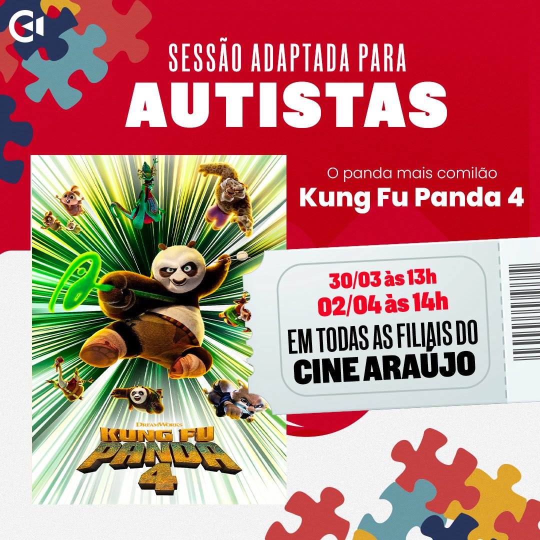 Cine Araújo promove sessão adaptada de Kung Fu Panda 4 para pessoas com transtorno do espectro autista