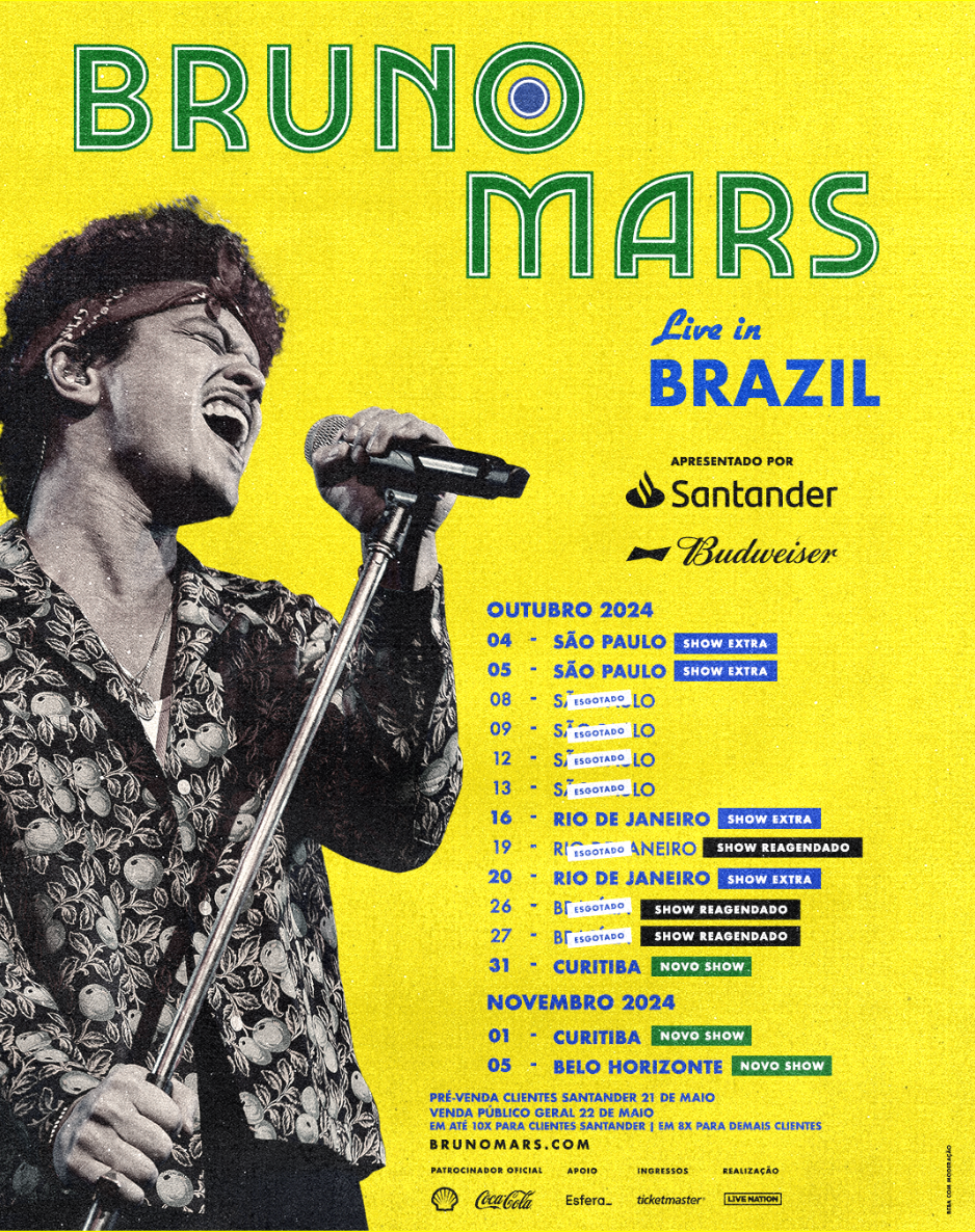 BRUNO MARS NO BRASILALTERAÇÃO NAS DATAS DE RIO DE JANEIRO E BRASÍLIA, SHOWS EXTRAS NO RIO E EM SÃO PAULO