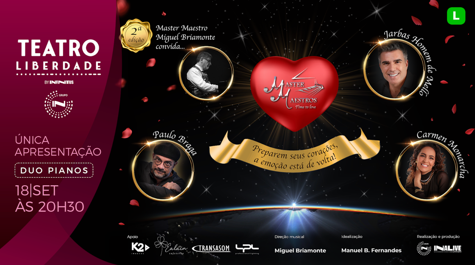 DUO DE PIANOS E ARTISTAS CONVIDADOS COMPÕEM MASTER MAESTROS II - TIME TO LOVE, QUE FAZ NOVA EDIÇÃO NO TEATRO